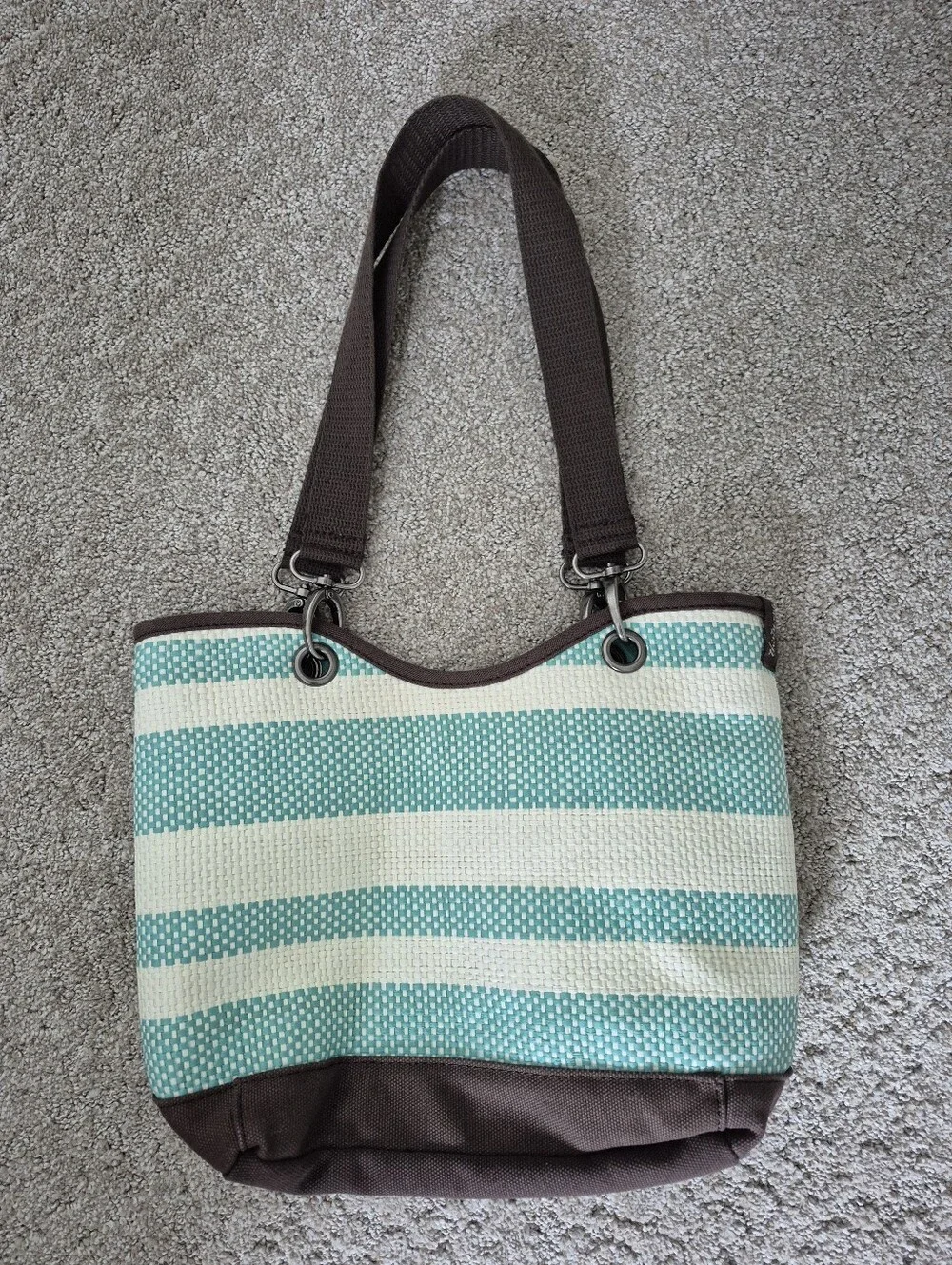 Striped Aqua and Cream Tote Bag with Brown Accents